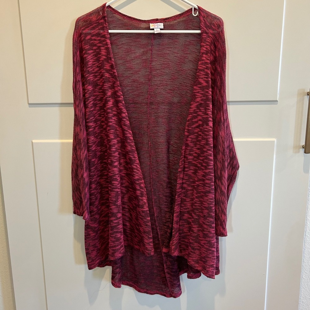 LuLaRoe Pink Black Marled Knit Open Front Cardigan Sweater Size L‎